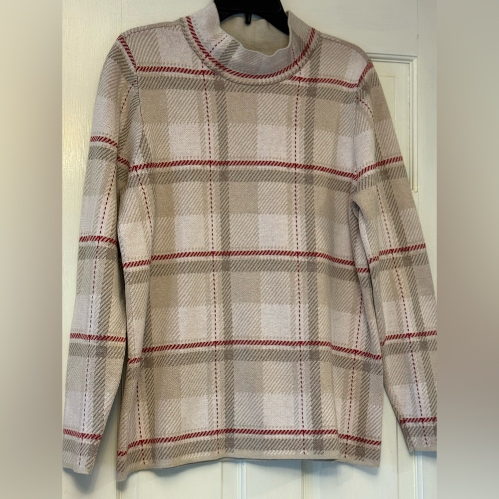 Plaid Beige and Red Women's Sweater